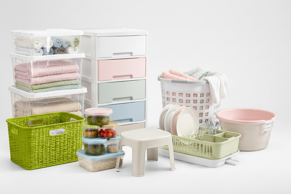 A collection of light pastel and bright plastic organizer items, including a white drawer unit, clear storage bins, a green basket, food storage containers, a dish rack, and a pink basin, arranged on a white background with a large blank space on the right.