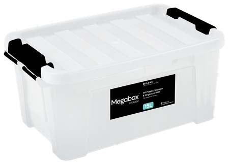 Megabox Mega Storage Box 15L Black Clip in Transparent White