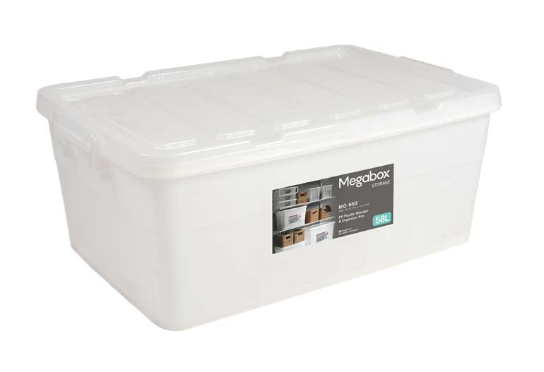 Megabox Mega Storage Box 58L with Wheels in Transparent White